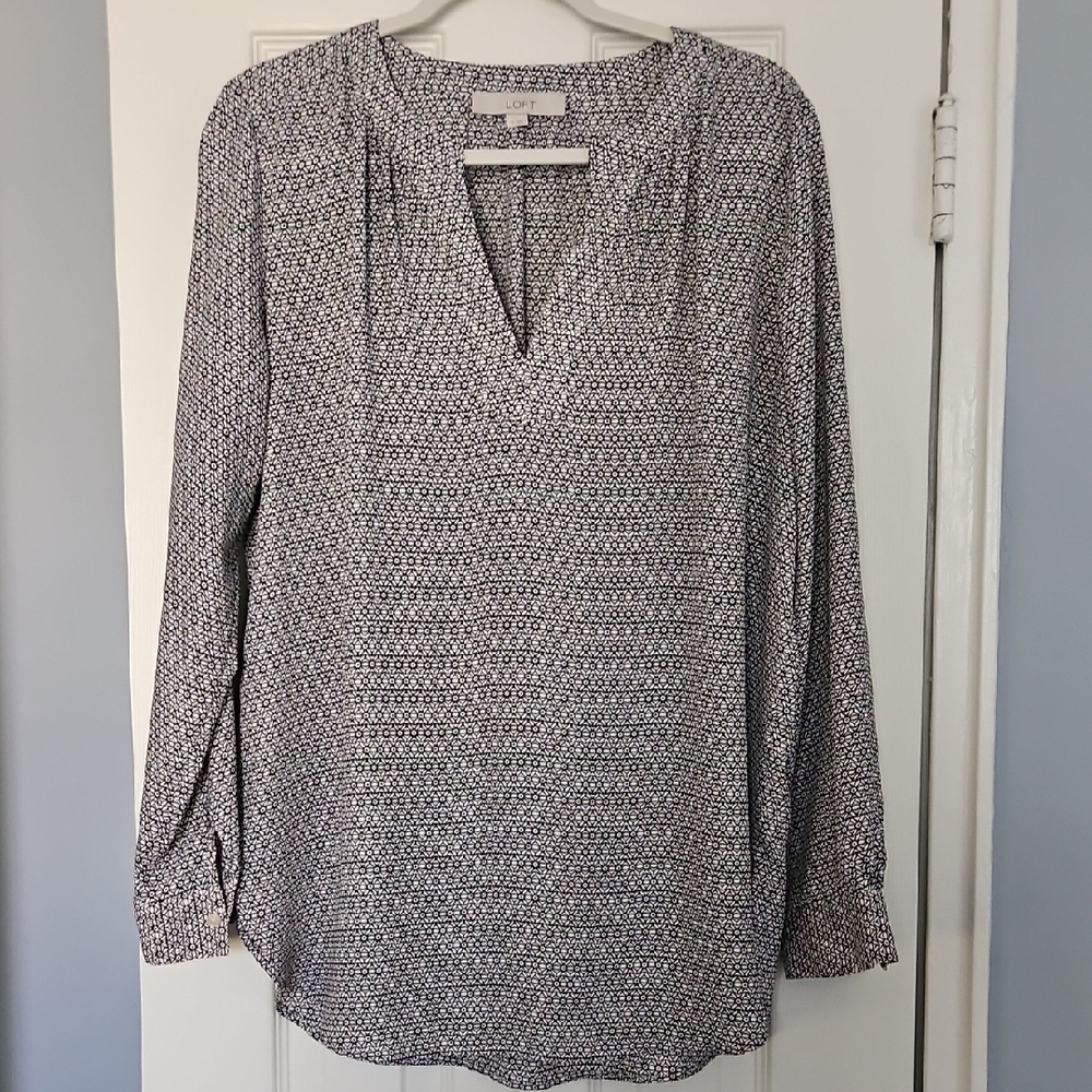 LOFT Black & White Printed V-Neck Long Sleeve Tunic